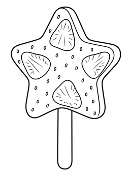 A star-shaped fruit popsicle coloring page with kiwi or strawberry slices on a wooden stick.