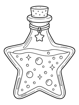 A magical star shaped potion bottle coloring page with cork stopper and bubbles inside.