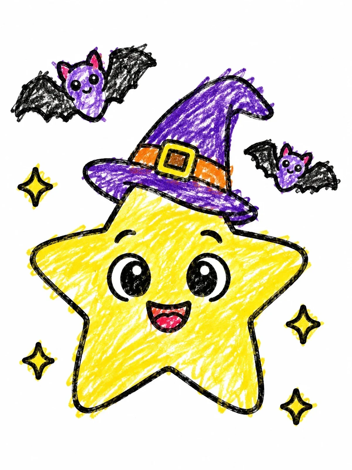 Colored example of the Cute Star Wearing Witch Hat With Bats coloring page