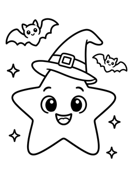 A happy star wearing a witch hat near cute bats on this star coloring page.