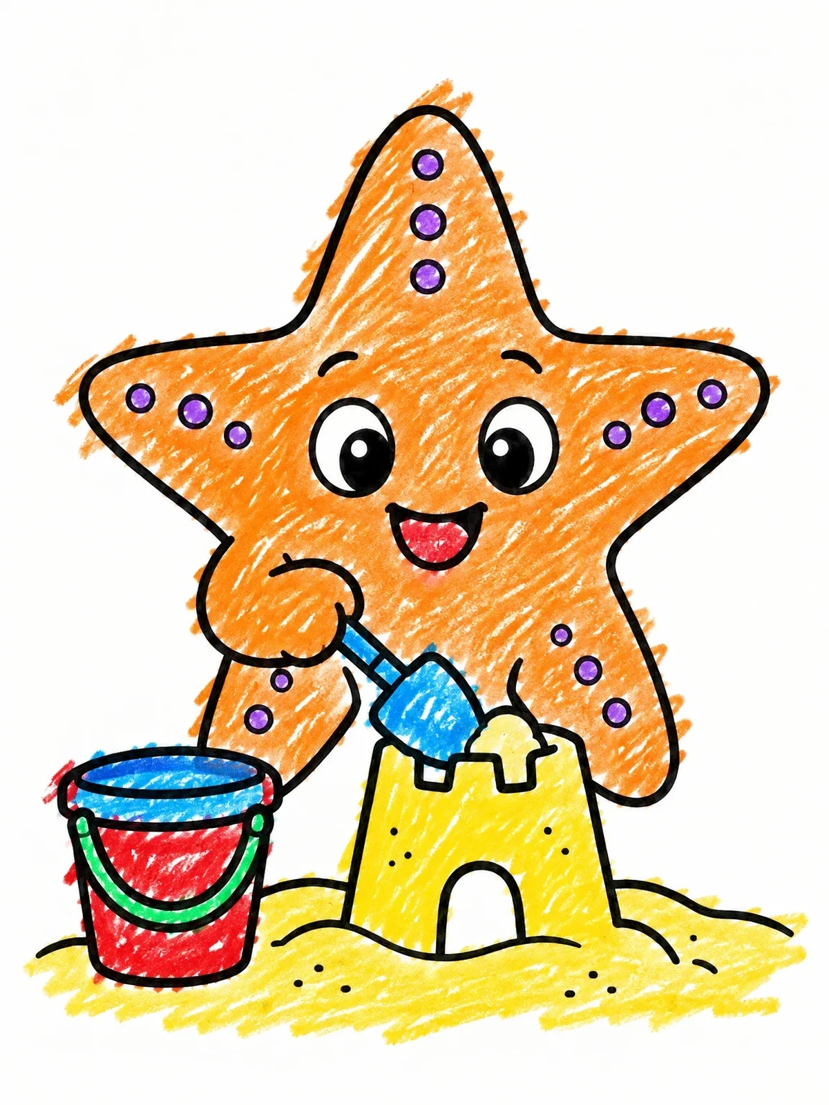 Colored example of the Happy Starfish Building A Sandcastle coloring page