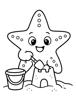 A cheerful starfish coloring page showing it build a sandcastle with a bucket and shovel.