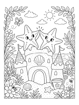 Two smiling sea stars high-five atop a castle on this starfish coloring page.