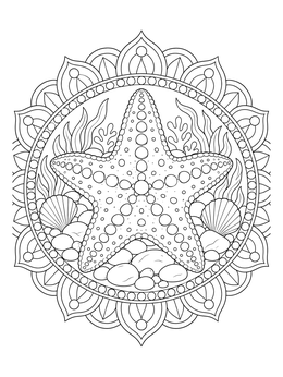 A detailed starfish coloring page set inside an intricate circular ocean mandala.