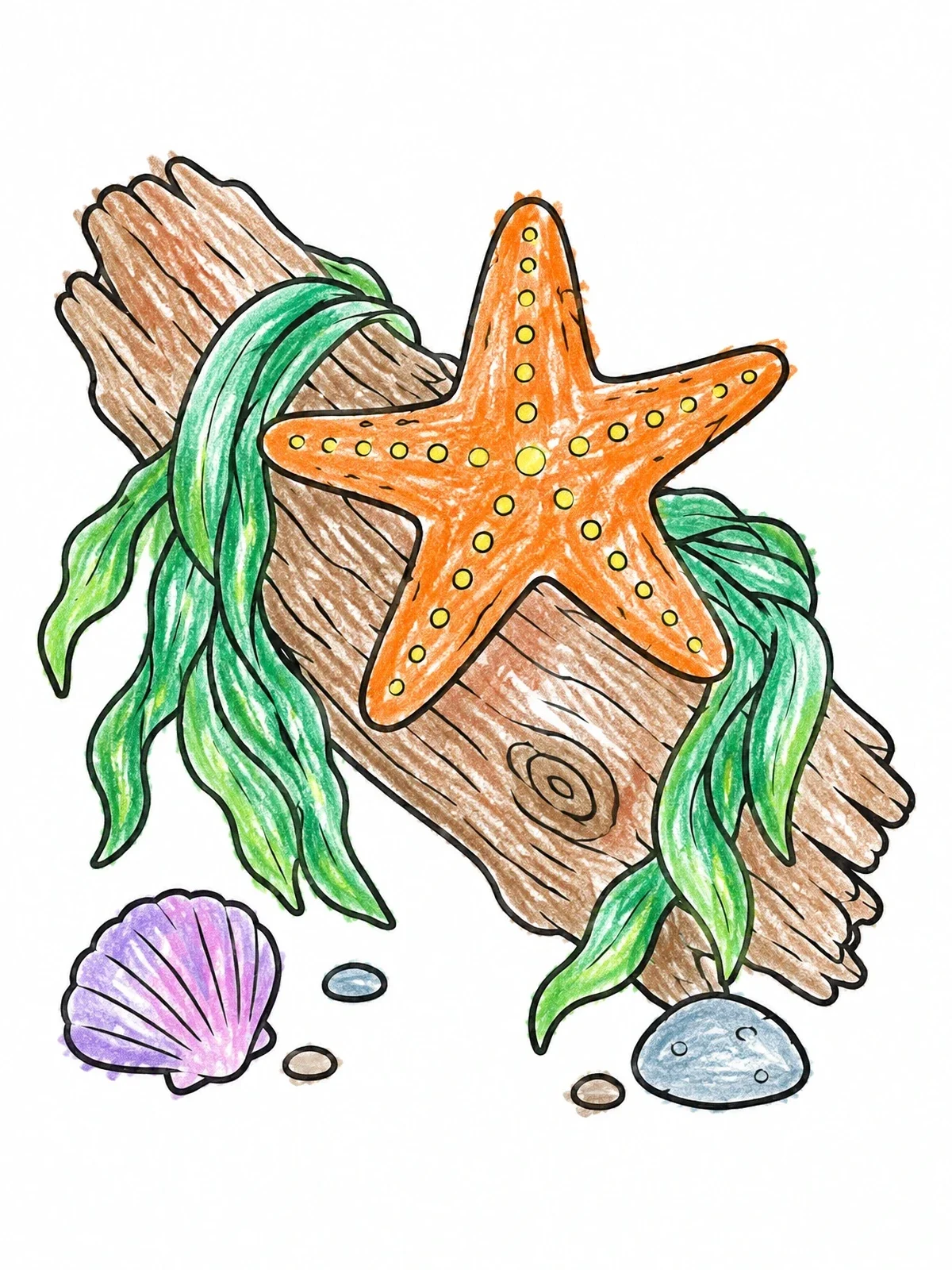 Colored example of the Starfish On Ocean Driftwood coloring page