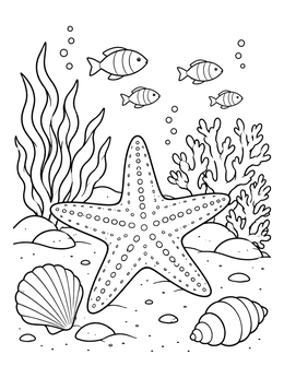 A detailed starfish coloring page surrounded by seashells, coral, and swimming fish on the seabed.