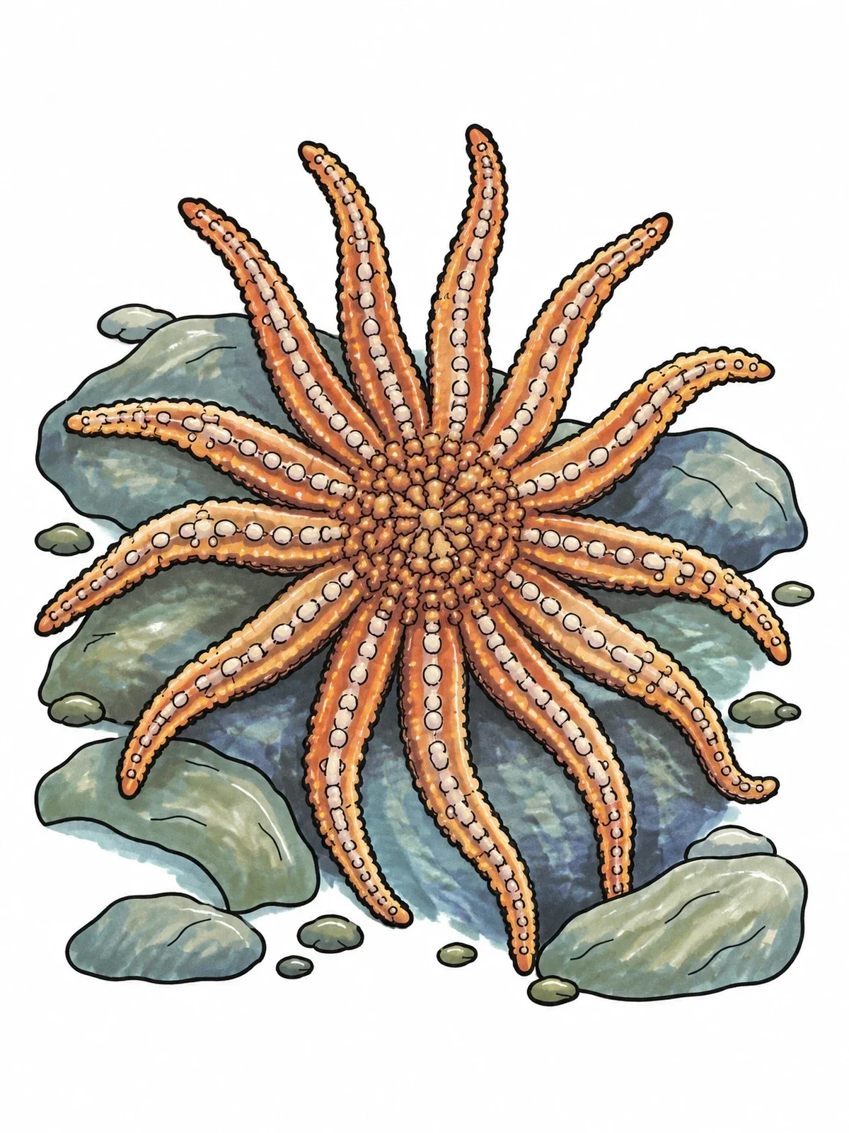 Colored example of the Sunflower Sea Star On Rocks coloring page