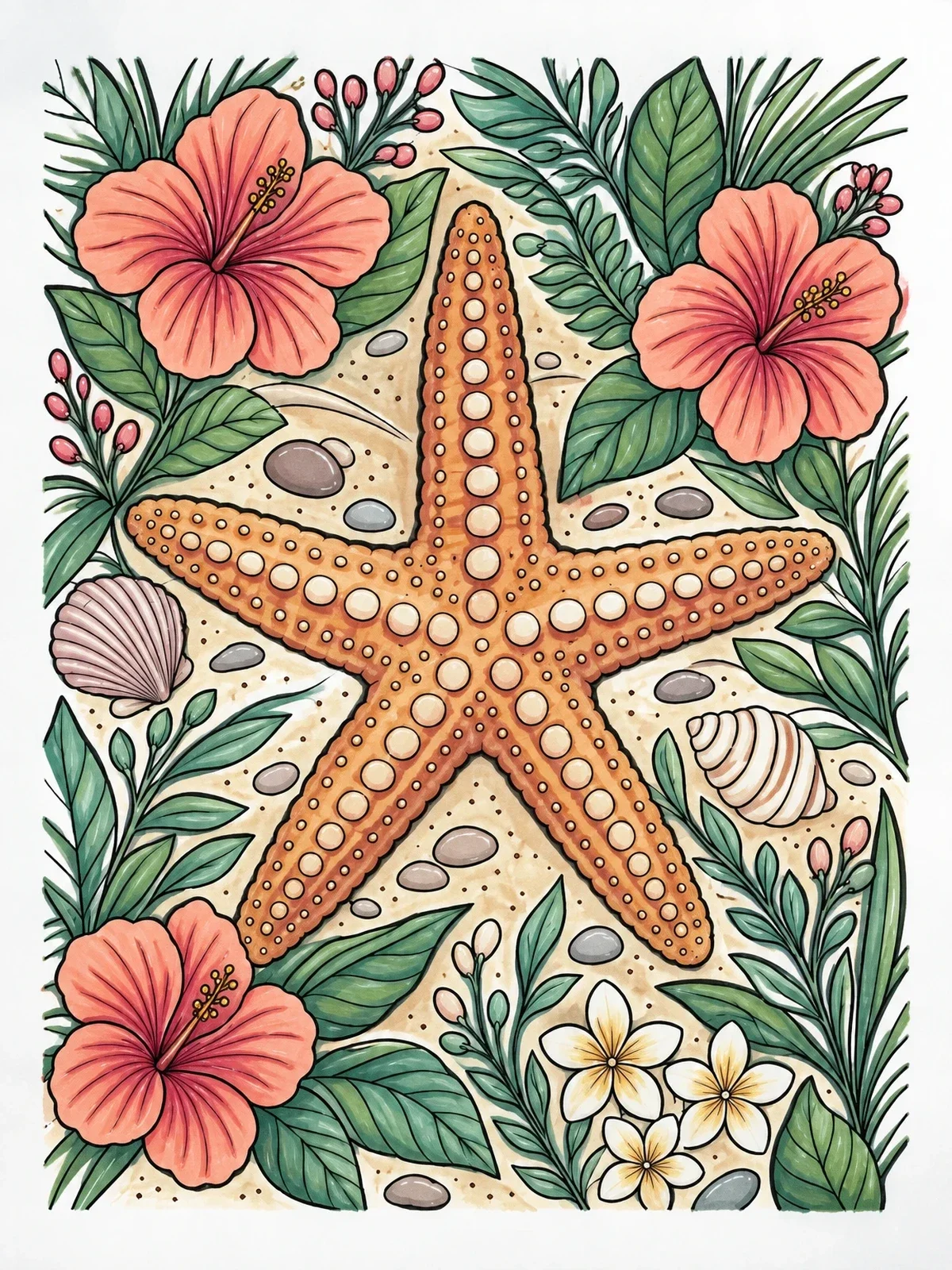 Colored example of the Starfish With Tropical Flowers coloring page