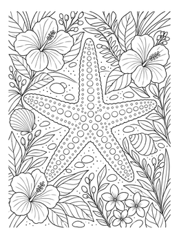 Detailed starfish coloring page surrounded by hibiscus blooms, shells, and leaves.