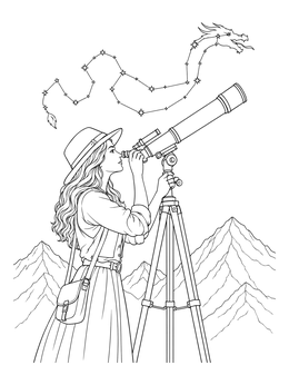 A woman looks through a telescope in this draco coloring page.