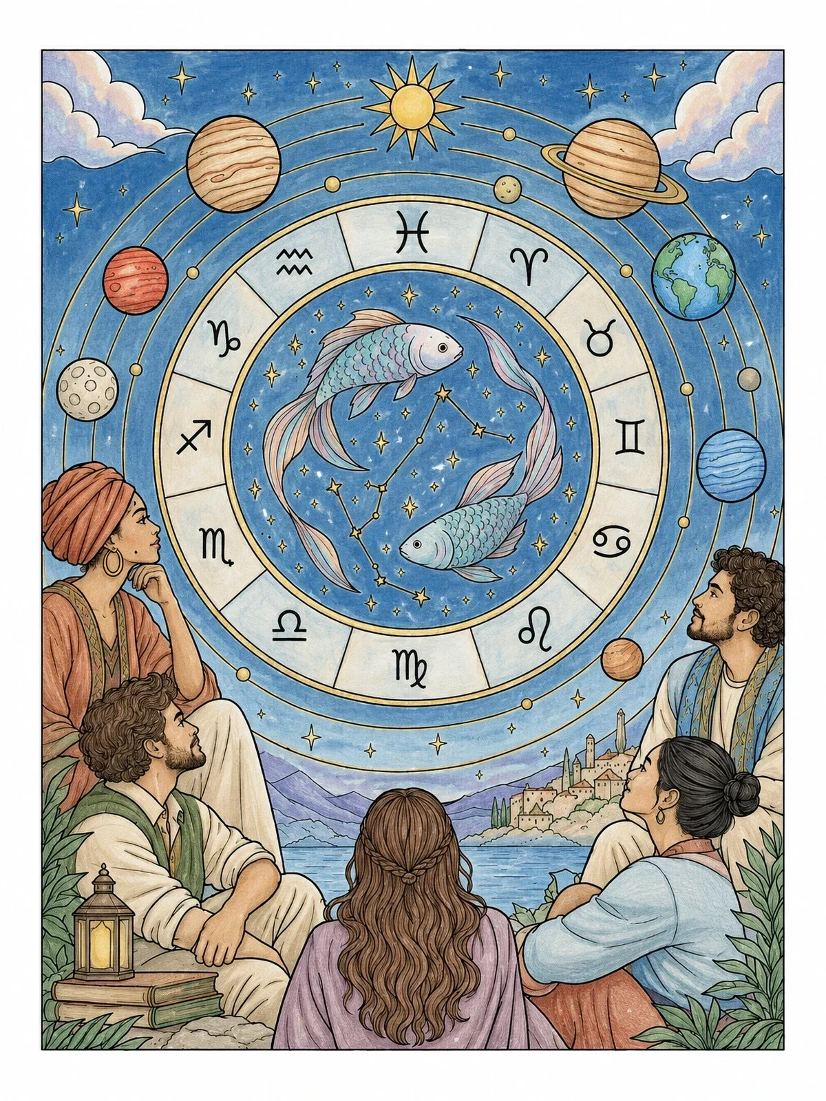 Colored example of the Stargazers And Pisces Zodiac Chart coloring page