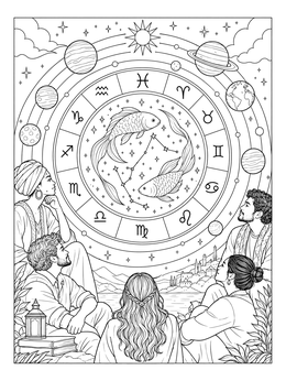A group gazes at a celestial chart in this pisces coloring page.