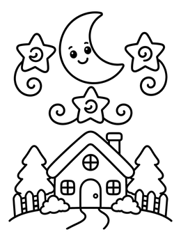 Free printable Cozy Cottage Under Smiling Moon coloring page