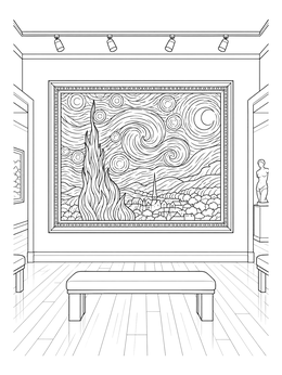 An art museum gallery displaying a starry night coloring page on the main wall.