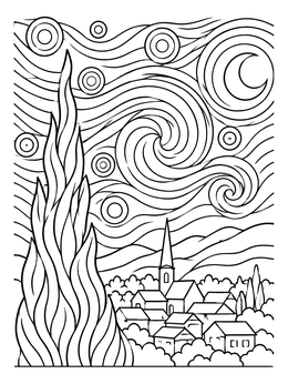 Free printable Starry Night Swirling Sky And Village coloring page
