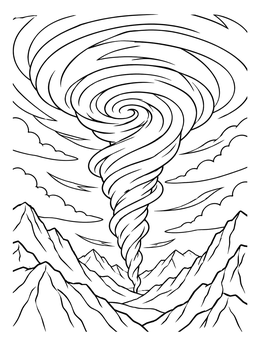 Free printable Swirling Sky Vortex Over Mountain Ridges coloring page