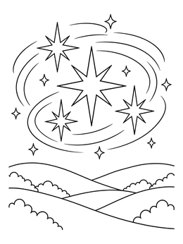Free printable Swirling Stars Over Rolling Hills coloring page