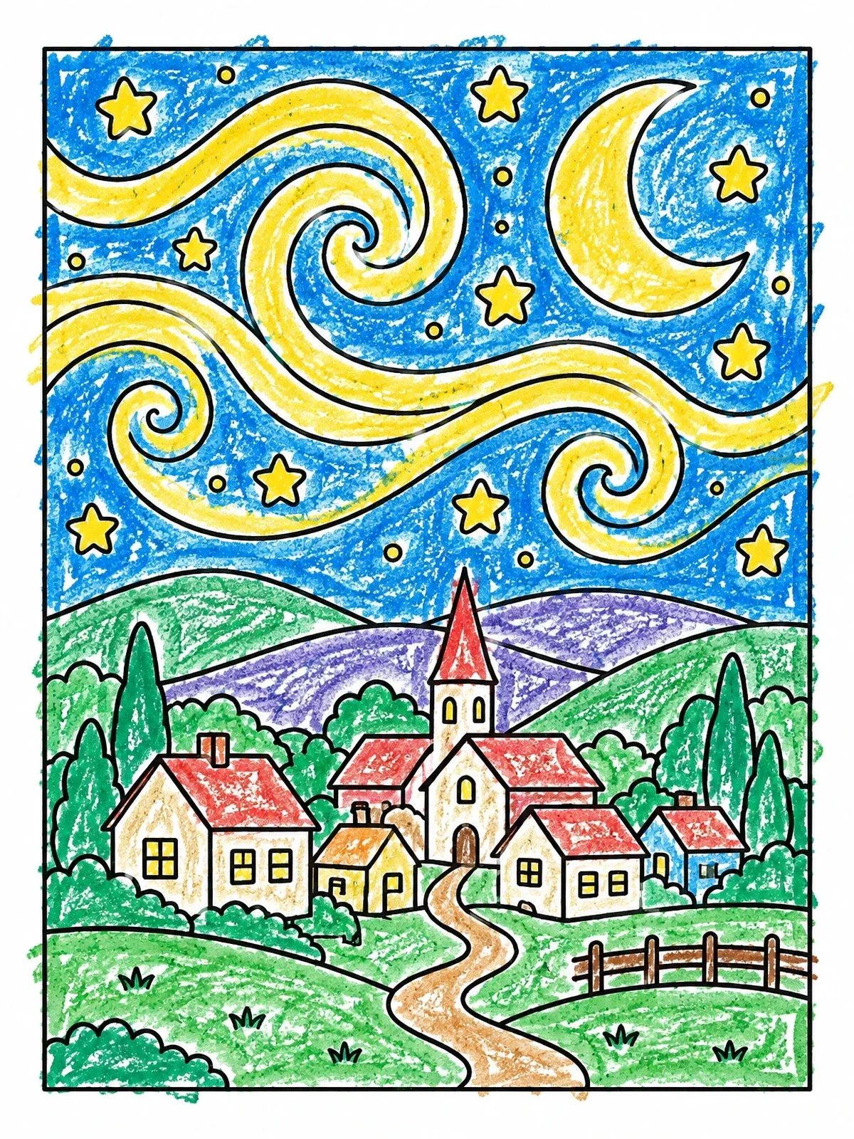 Colored example of the Starry Night Over A Quiet Village coloring page