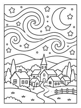Free printable Starry Night Over A Quiet Village coloring page