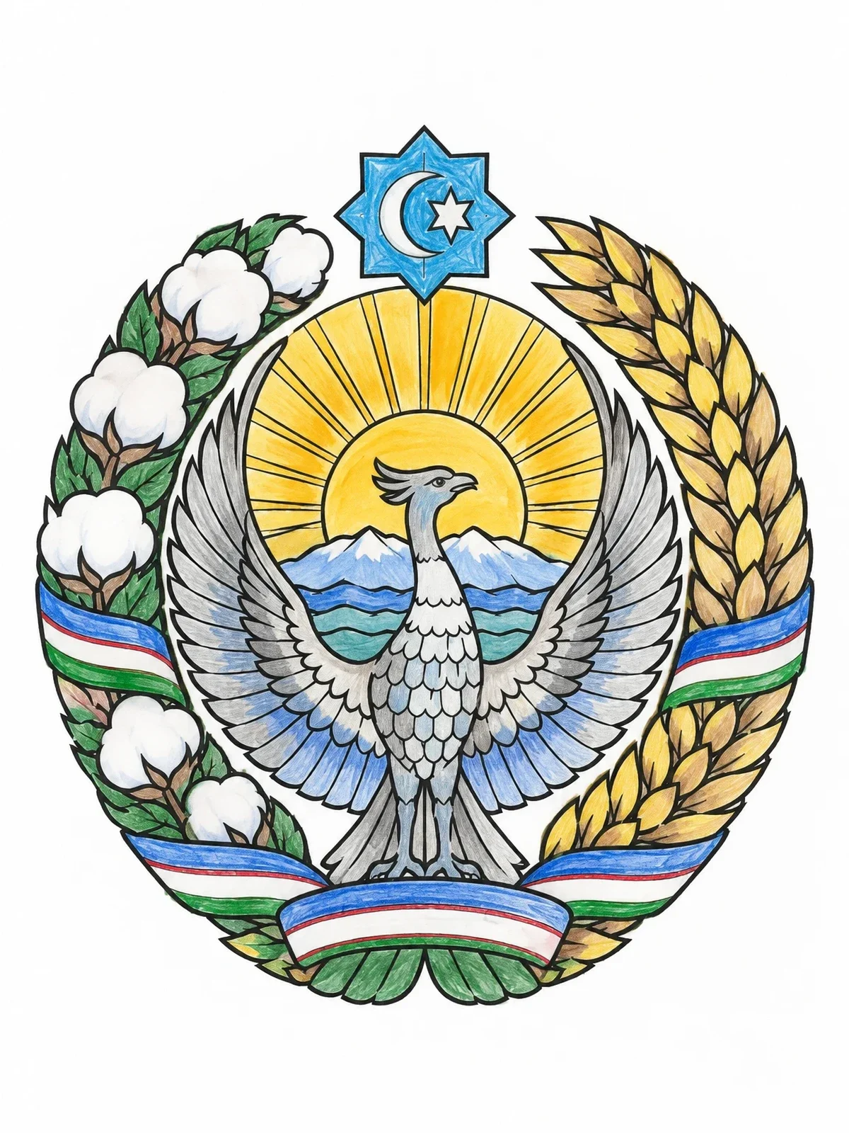 Colored example of the State Emblem Of Uzbekistan coloring page