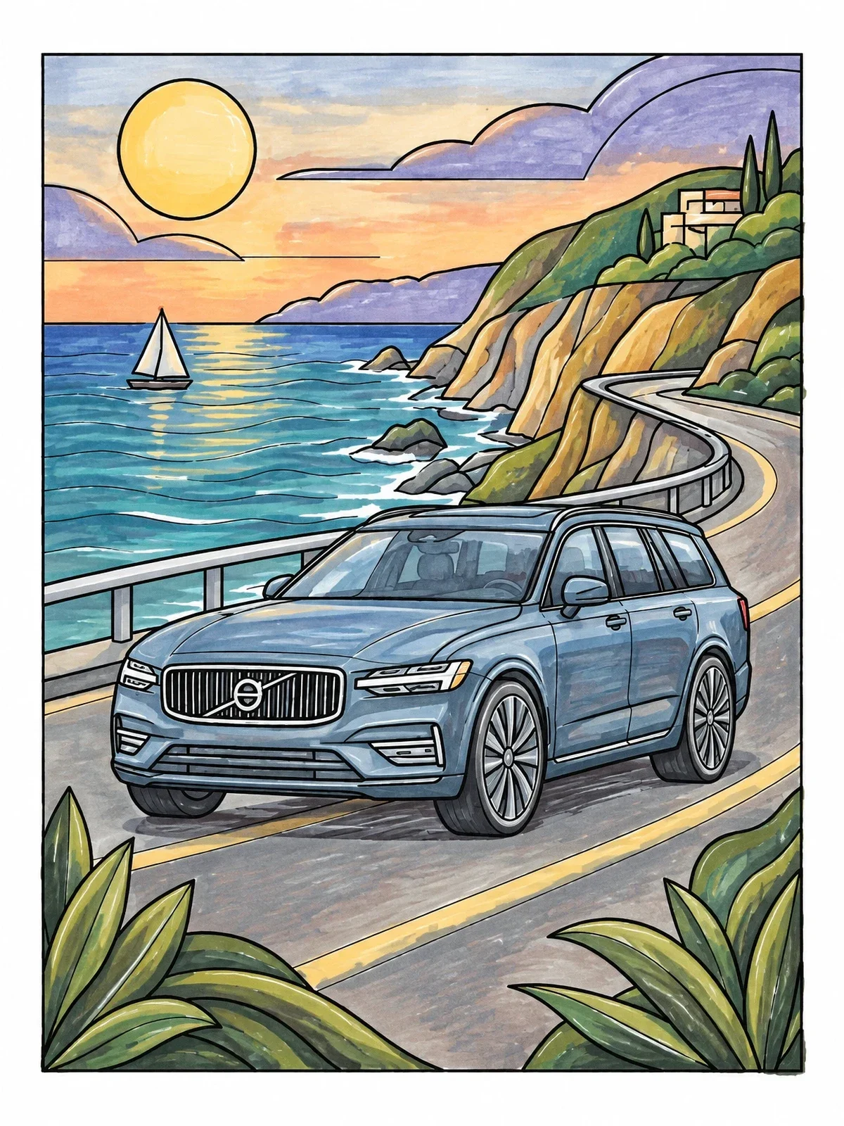Colored example of the Station Wagon On Coastal Highway coloring page