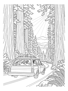 Free printable Station Wagon Driving Through Redwoods coloring page