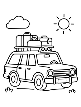A station wagon taxi coloring page with suitcases packed on the roof rack under a smiling sun.