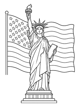 A detailed statue of liberty coloring page featuring Lady Liberty standing before a waving American flag.