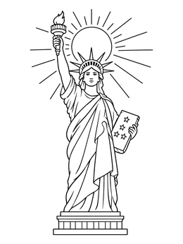 A detailed Statue of Liberty coloring page holding a torch and starry tablet in front of a radiant sun.