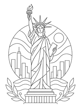 Classic statue of liberty coloring page framed by a city skyline and laurel branches.
