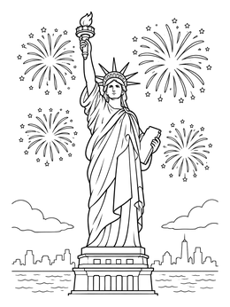 Festive statue of liberty coloring page surrounded by sparkling fireworks over the city skyline.