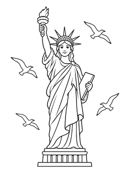 A friendly statue of liberty coloring page surrounded by flying seagulls.