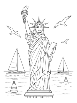 A detailed statue of liberty coloring page surrounded by water, sailboats, and gulls.