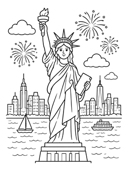 Free printable Statue Of Liberty Over Harbor Skyline coloring page
