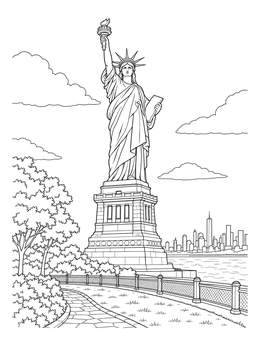 A detailed statue of liberty coloring page showing the monument, island walkway, and city skyline.