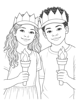A girl and boy holding mini torches in this statue of liberty coloring page.