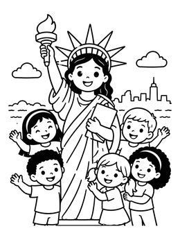 Free printable Lady Liberty With Happy Children coloring page