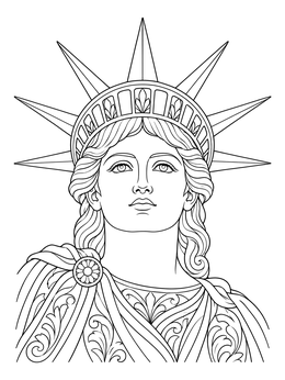 A detailed statue of liberty coloring page showing Lady Liberty with her radiant crown and draped robes.
