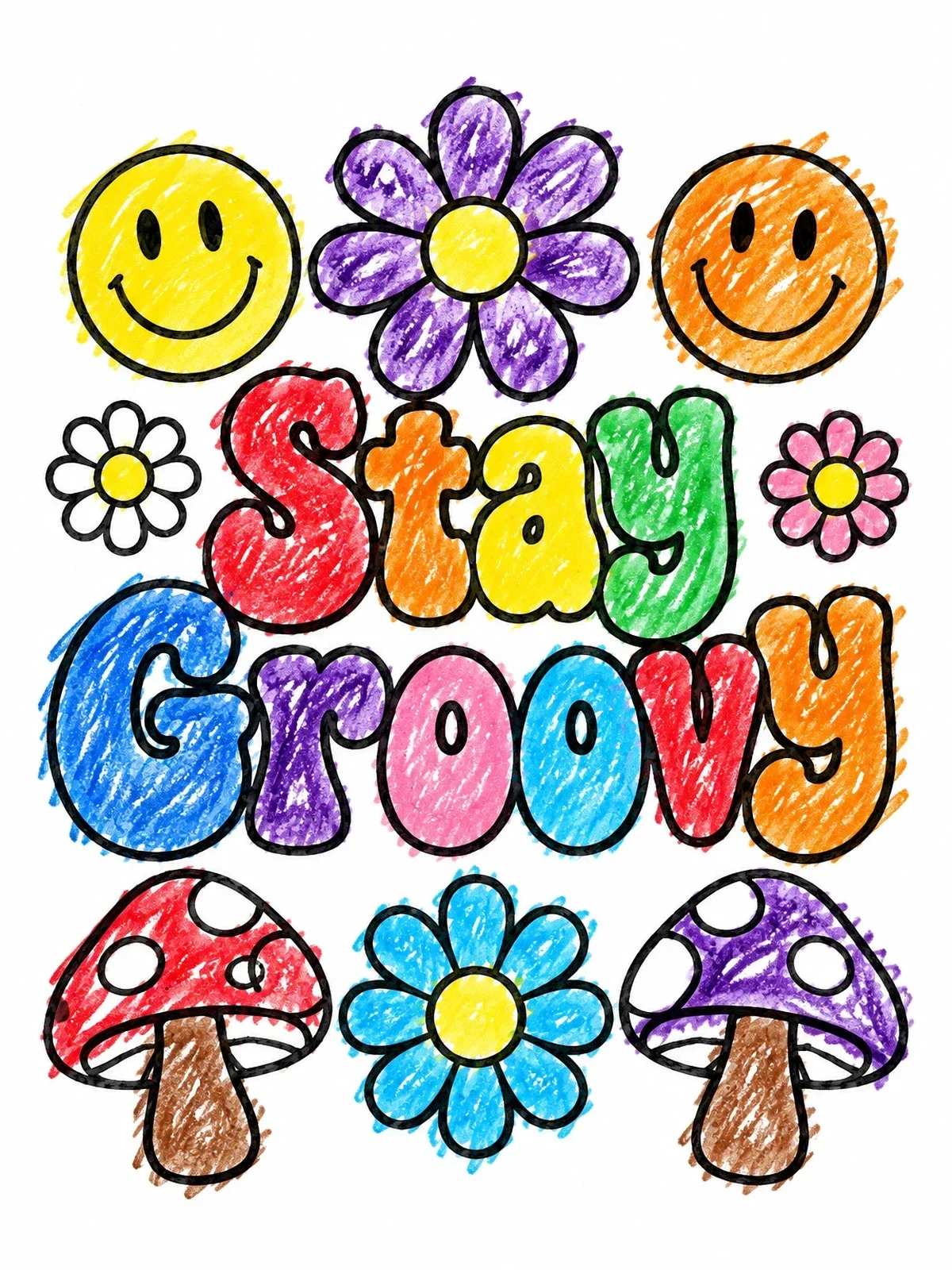 Colored example of the Stay Groovy Retro Lettering coloring page