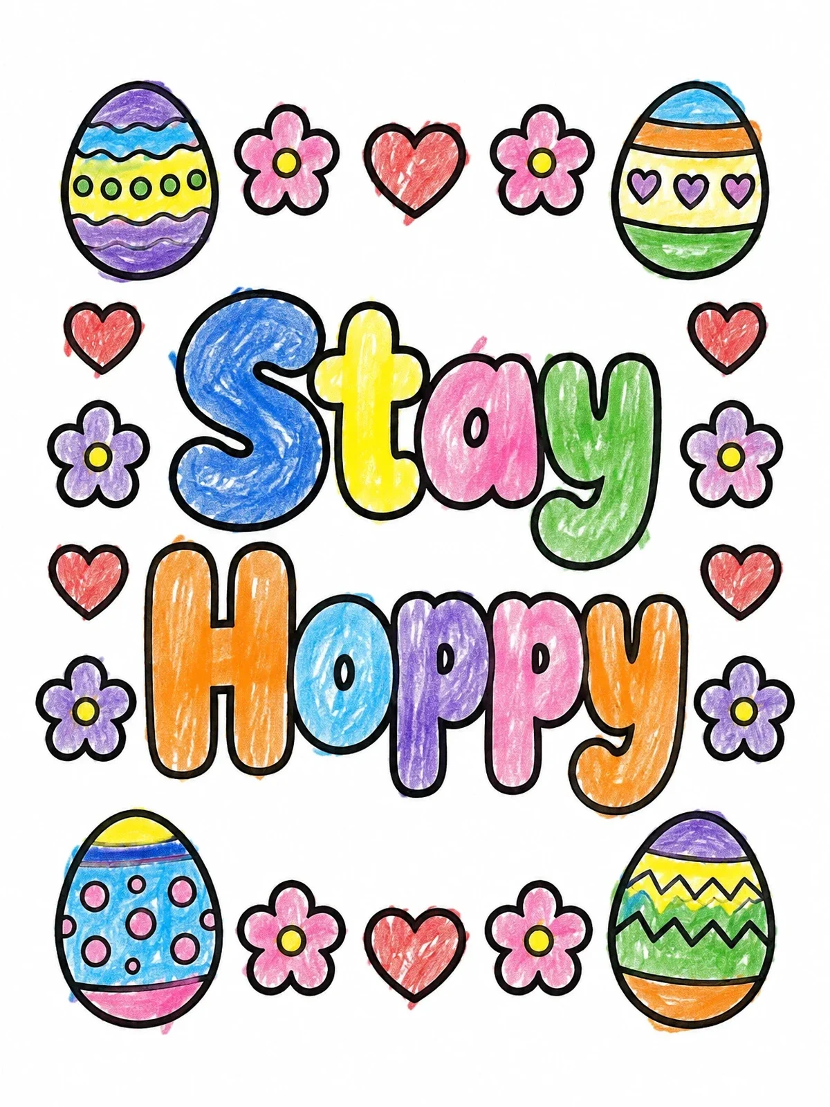 Colored example of the Stay Hoppy Easter Lettering And Eggs coloring page