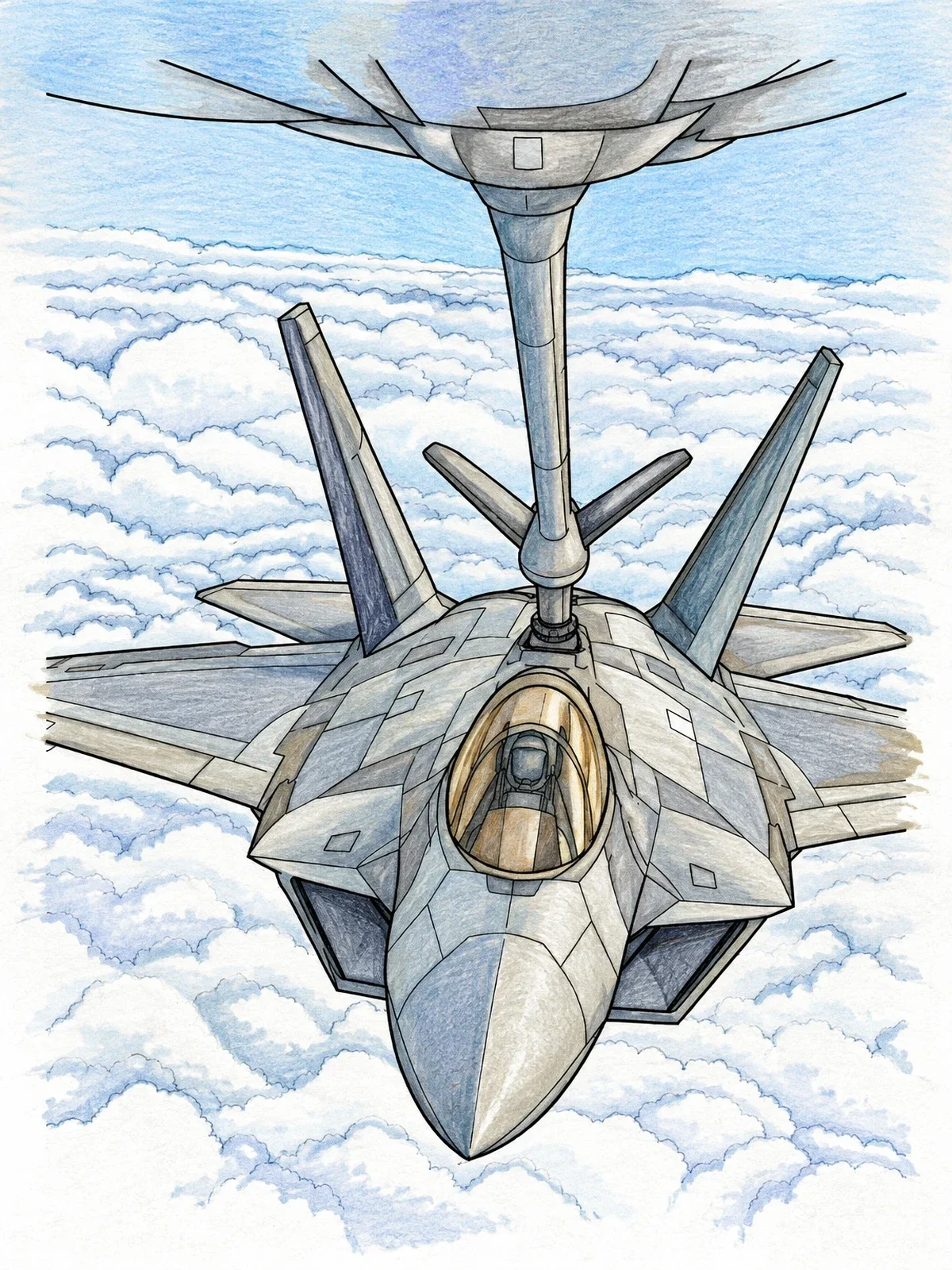 Colored example of the Fighter Jet Mid Air Refueling coloring page