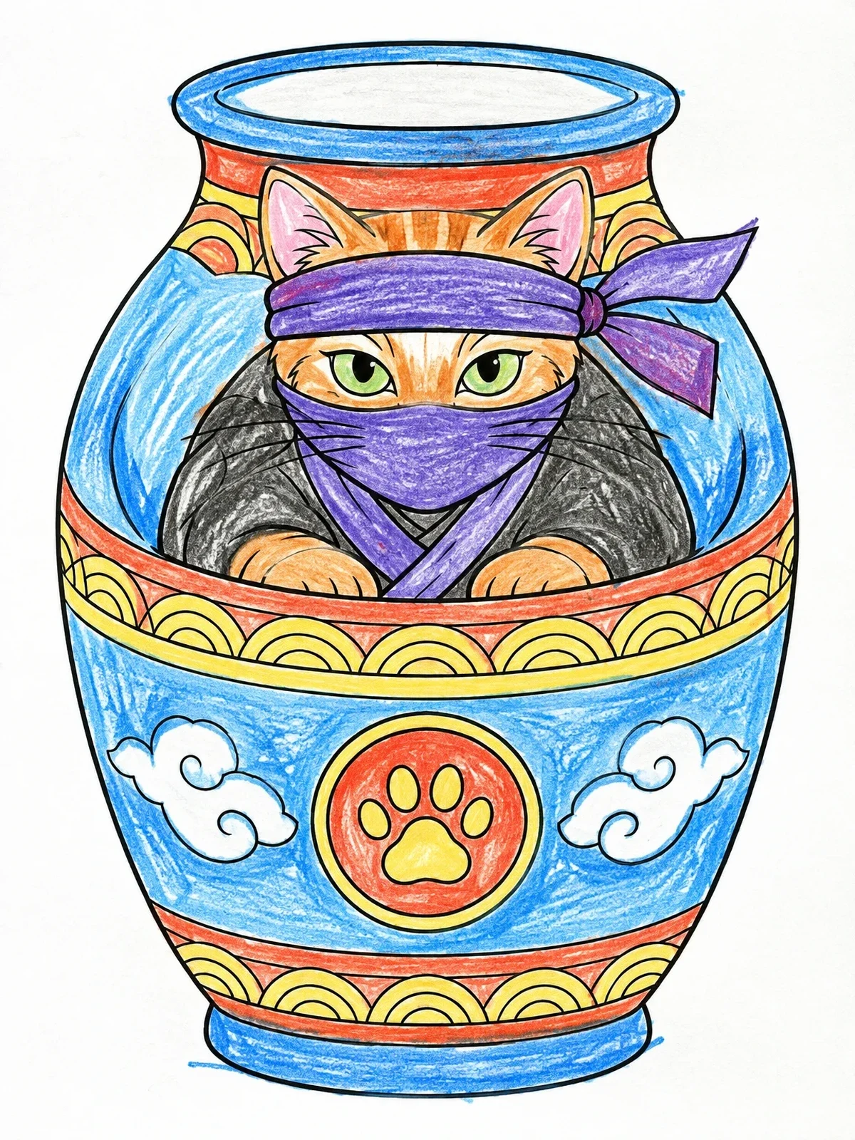 Colored example of the Sneaky Ninja Cat Inside Ceramic Urn coloring page