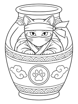 Free printable Sneaky Ninja Cat Inside Ceramic Urn coloring page