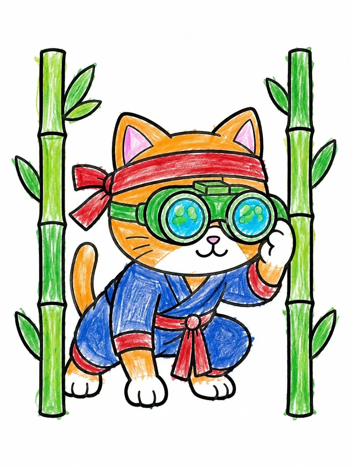 Colored example of the Stealthy Cat Ninja With Goggles coloring page