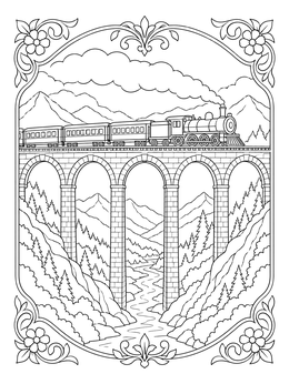 A steam train crosses an arched viaduct in this detailed bridge coloring page.