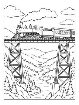Free printable Steam Train On Railway Trestle Bridge coloring page