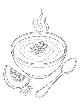 A warm pumpkin soup coloring page with a steaming bowl, spoon, and pumpkin slice.