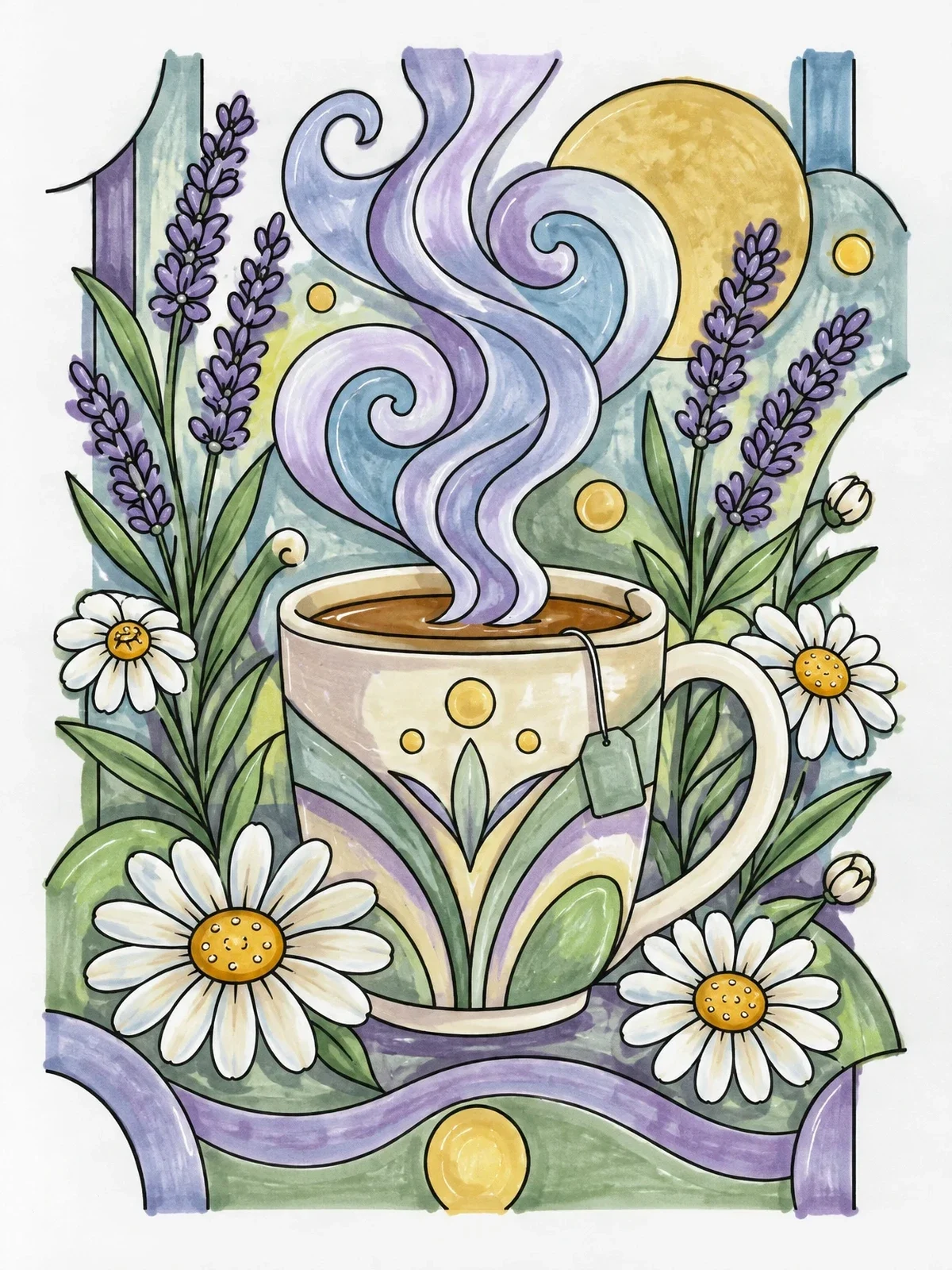 Colored example of the Steaming Herbal Tea With Flowers coloring page