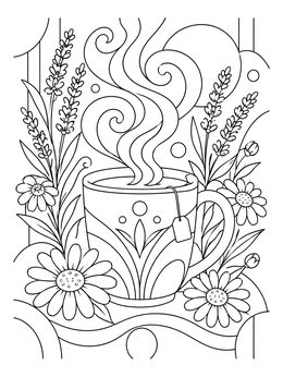 A cup of hot tea surrounded by flowers on this mindfulness coloring page.