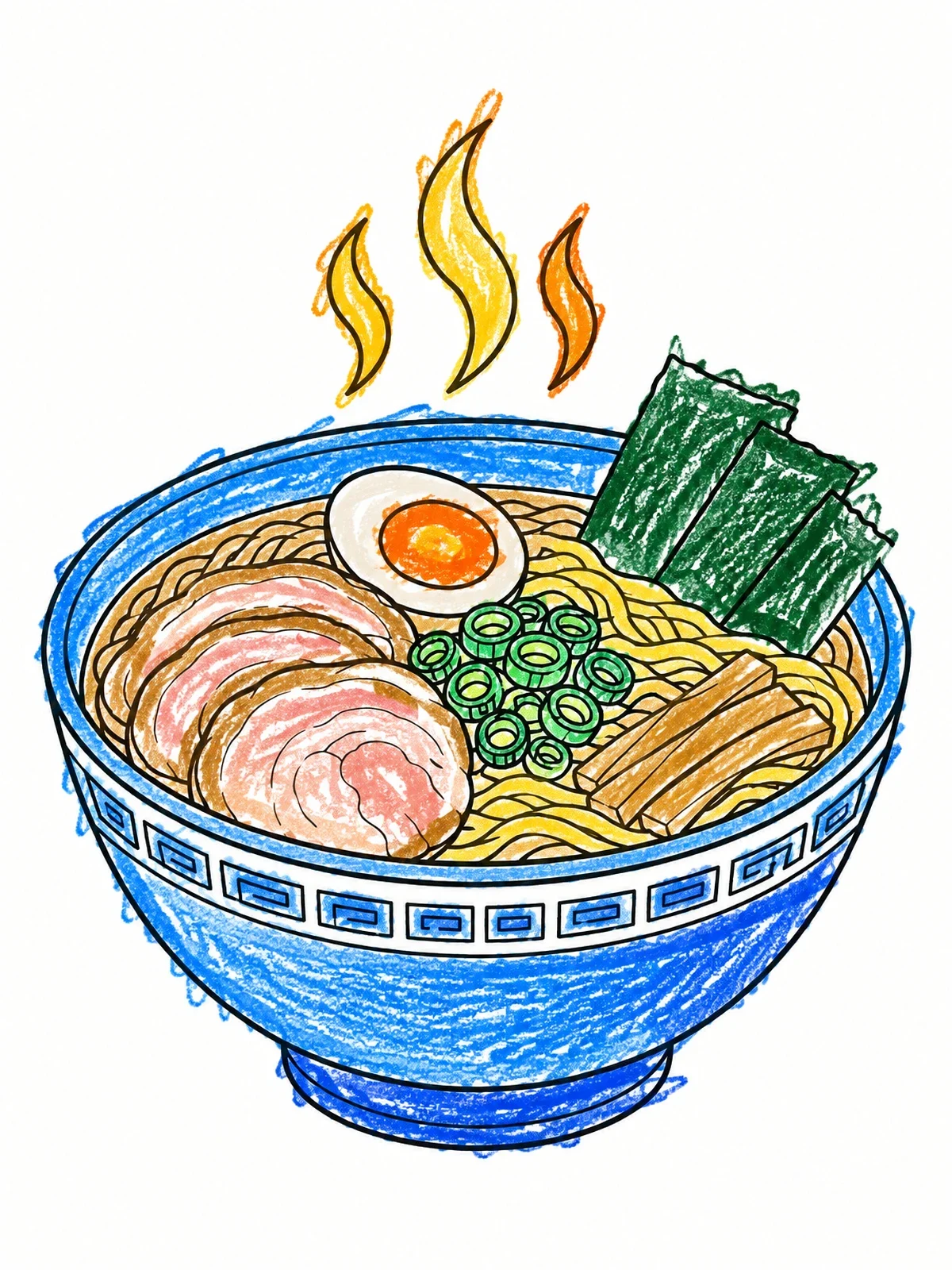 Colored example of the Steaming Japanese Ramen Bowl coloring page